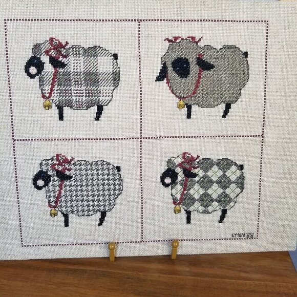 Vintage Cross Stitch Sheep Woolen Pattern Sampler 1988 15" x 12" Mounted on Chip - Picture 1 of 12